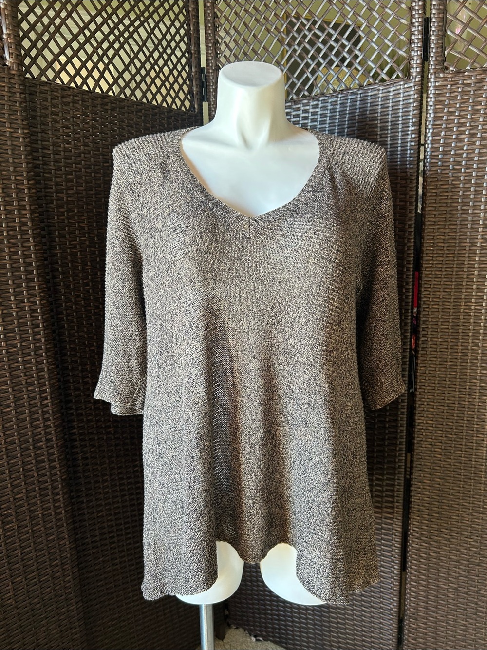 Eileen Fisher Linen Neutral Brown Marled V-Neck Tunic Sweater